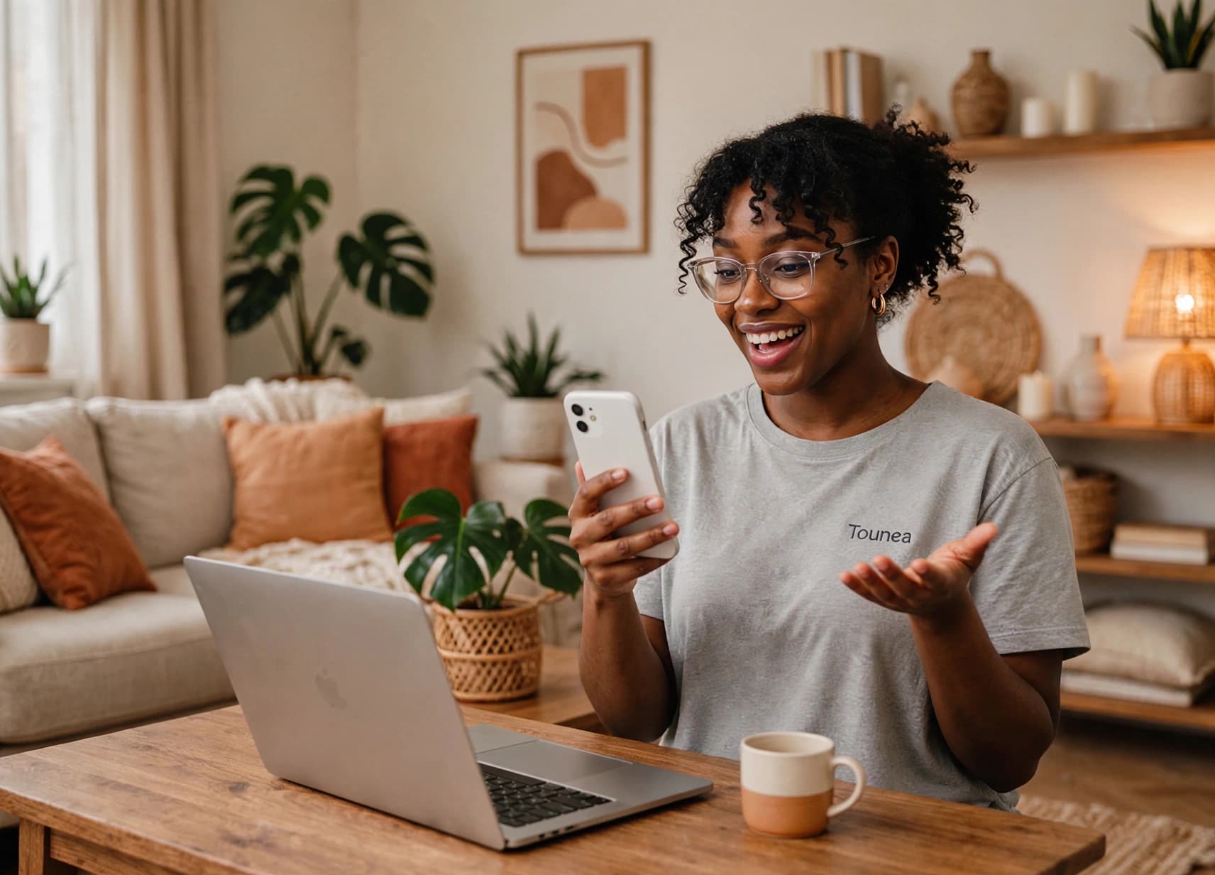 Créatrice gérant sa boutique digitale depuis son salon